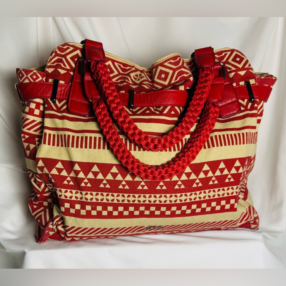 Anthropologie Tote or Shoulder Bag R + J Red Tribal HOBO Canvas Tote w/leather